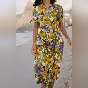 Zara Floral Print Midi Poplin Shirt Dress Size M MSRP $160